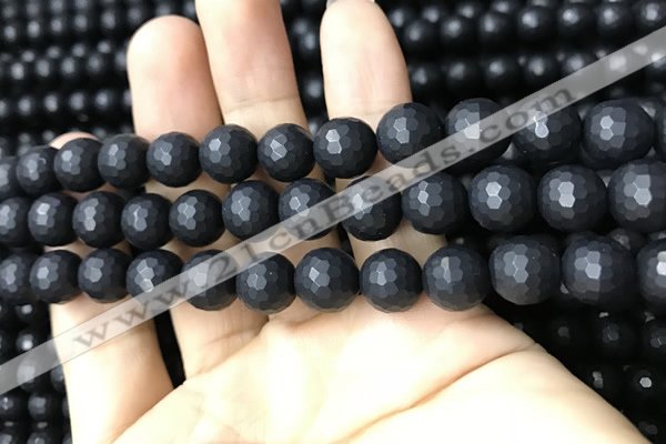 CAA2440 15.5 inches 10mm faceted round matte black agate beads