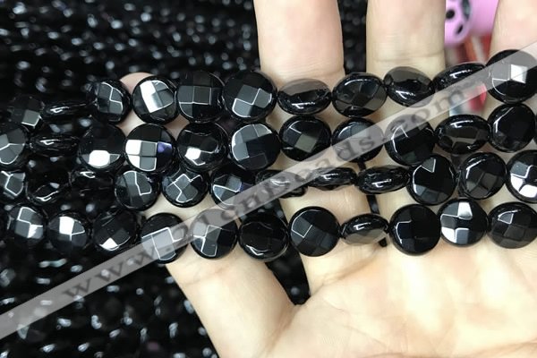CAA2582 15.5 inches 14mm faceted coin black agate beads wholesale