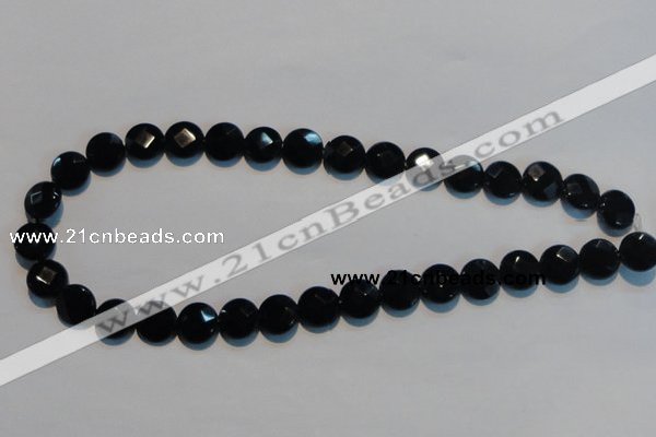CAB809 15.5 inches 12mm faceted coin black gemstone agate beads