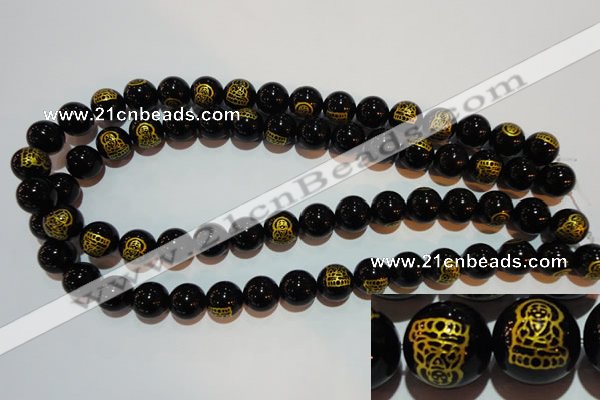 CAG3386 15.5 inches 12mm carved round black agate beads wholesale