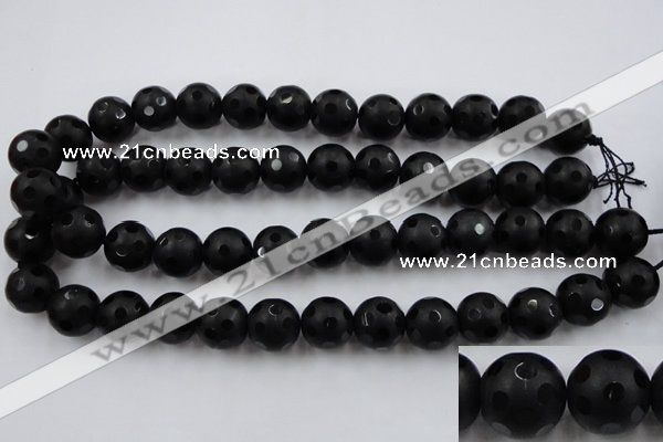 CAG3674 15.5 inches 14mm carved round matte black agate beads