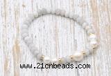 CFB723 faceted rondelle white crazy lace agate & potato white freshwater pearl stretchy bracelet