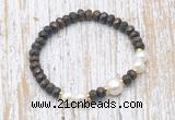 CFB756 faceted rondelle bronzite & potato white freshwater pearl stretchy bracelet