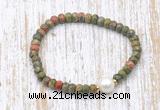 CFB757 faceted rondelle unakite & potato white freshwater pearl stretchy bracelet