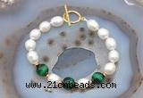 CFB917 Hand-knotted 9mm - 10mm rice white freshwater pearl & green tiger eye bracelet