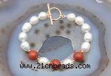 CFB927 Hand-knotted 9mm - 10mm rice white freshwater pearl & red jasper bracelet