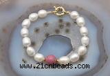 CFB947 Hand-knotted 9mm - 10mm rice white freshwater pearl & pink wooden jasper bracelet