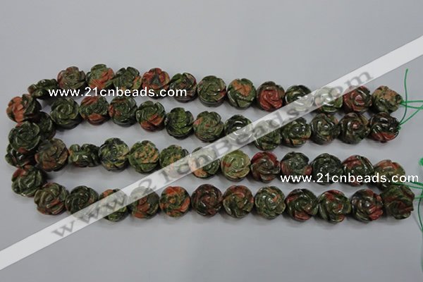 CFG891 15.5 inches 14mm carved flower unakite gemstone beads