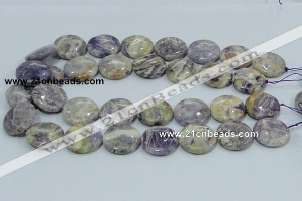 CFJ02 15.5 inches 25mm flat round natural purple flower stone beads