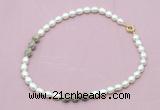 CFN352 9 - 10mm rice white freshwater pearl & feldspar necklace wholesale