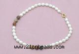 CFN360 9 - 10mm rice white freshwater pearl & picasso jasper necklace wholesale