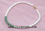 CFN402 9-10mm rice white freshwater pearl & green aventurine necklace