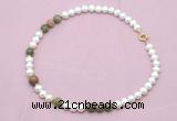 CFN547 9mm - 10mm potato white freshwater pearl & unakite gemstone necklace