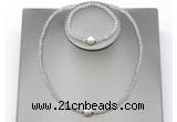CFN607 4mm faceted round prehnite & potato white freshwater pearl jewelry set