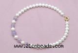 CFN705 9mm - 10mm potato white freshwater pearl & lavender amethyst necklace