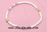 CFN709 9mm - 10mm potato white freshwater pearl & lavender amethyst necklace