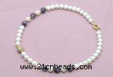 CFN713 9mm - 10mm potato white freshwater pearl & dogtooth amethyst necklace
