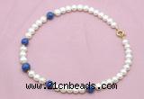 CFN724 9mm - 10mm potato white freshwater pearl & lapis lazuli necklace