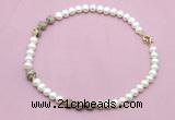 CFN752 9mm - 10mm potato white freshwater pearl & feldspar necklace