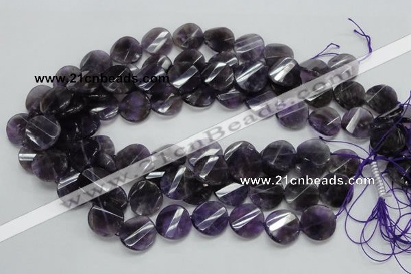 CNA45 15.5 inches 20mm twisted faceted coin grade A natural amethyst beads