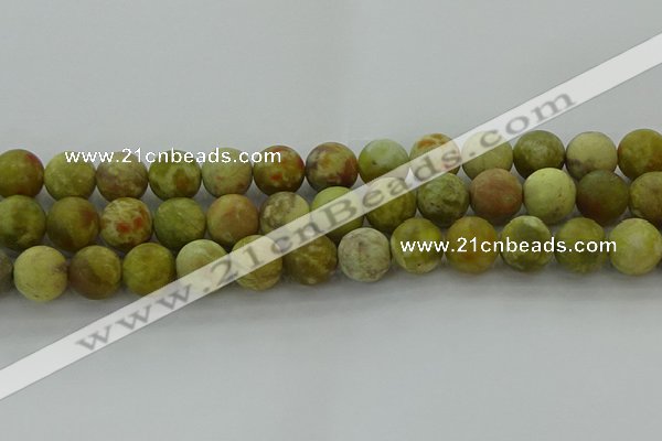 CNS654 15.5 inches 14mm round matte green dragon serpentine jasper beads