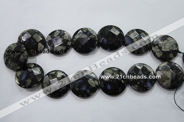 COP485 15.5 inches 30mm faceted coin natural grey opal beads