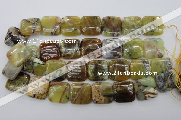 COP581 15.5 inches 25*25mm square natural yellow & green opal beads