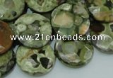 CPS87 15.5 inches 20mm faceted flat round green peacock stone beads