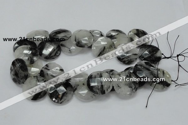 CRU06 15.5 inches 30mm faceted flat round black rutilated quartz beads