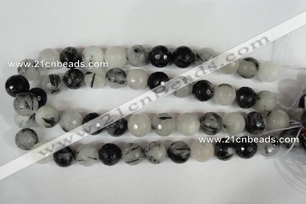 CRU317 15.5 inches 16mm faceted round black rutilated quartz beads