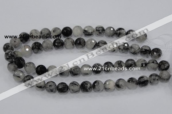 CRU61 15.5 inches 14mm faceted round black rutilated quartz beads