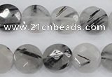 CRU97 15.5 inches 16mm faceted coin black rutilated quartz beads