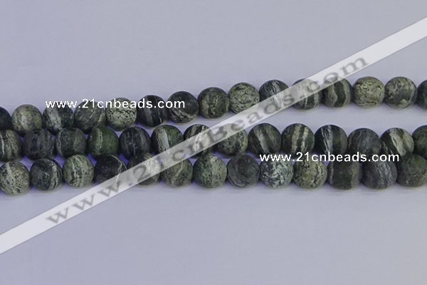 CSJ505 15.5 inches 14mm round matte green silver line jasper beads