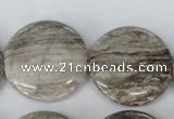 CSL35 15.5 inches 30mm flat round silver leaf jasper beads wholesale