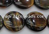 CTE1351 15.5 inches 25mm flat round yellow & blue tiger eye beads