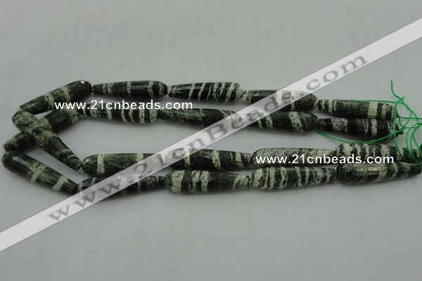 CTR53 15.5 inches 10*40mm faceted teardrop green silver line jasper beads