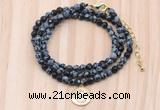 GMN7522 4mm faceted round tiny snowflake obsidian beaded necklace with letter charm