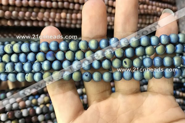 CAA1277 15.5 inches 6mm round matte plated druzy agate beads