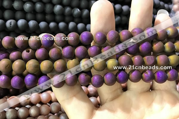 CAA1294 15.5 inches 8mm round matte plated druzy agate beads