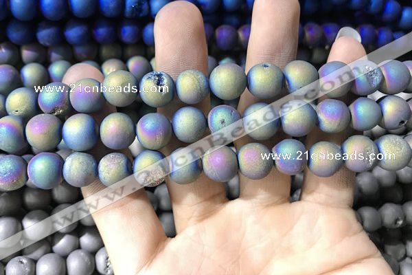 CAA1318 15.5 inches 10mm round matte plated druzy agate beads