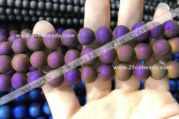 CAA1354 15.5 inches 14mm round matte plated druzy agate beads