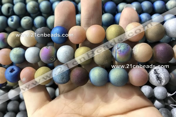 CAA1362 15.5 inches 14mm round matte plated druzy agate beads