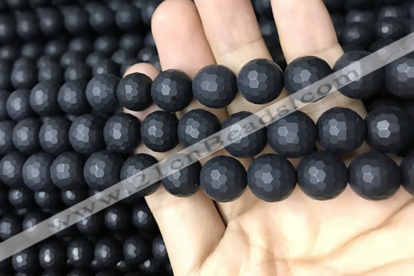 CAA2441 15.5 inches 12mm faceted round matte black agate beads