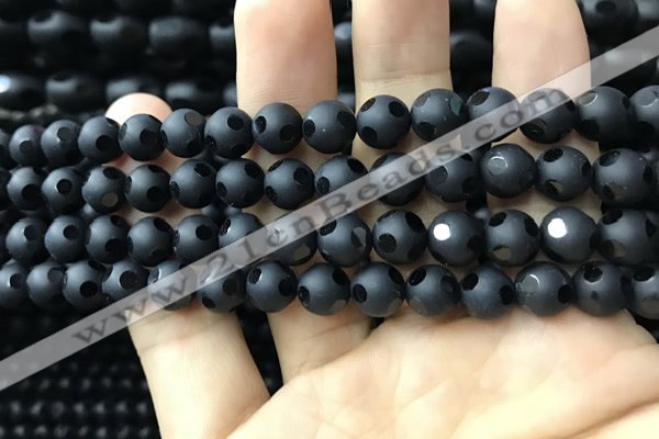 CAA2459 15.5 inches 8mm carved round matte black agate beads