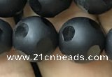 CAA2462 15.5 inches 14mm carved round matte black agate beads