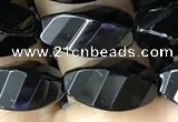 CAA2491 15.5 inches 8*16mm faceted & twisted rice black agate beads