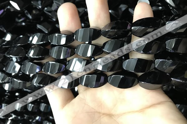 CAA2492 15.5 inches 10*20mm faceted & twisted rice black agate beads