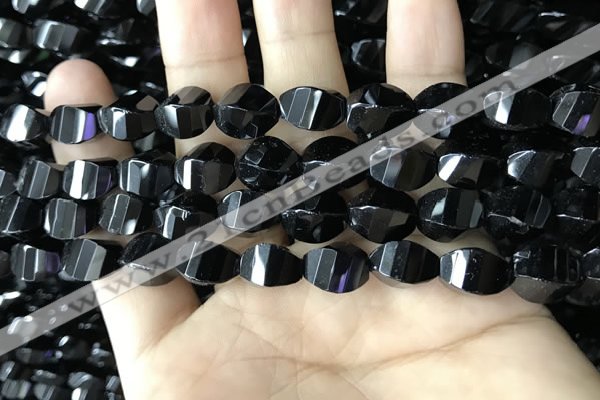 CAA2493 15.5 inches 8*12mm faceted & twisted rice black agate beads