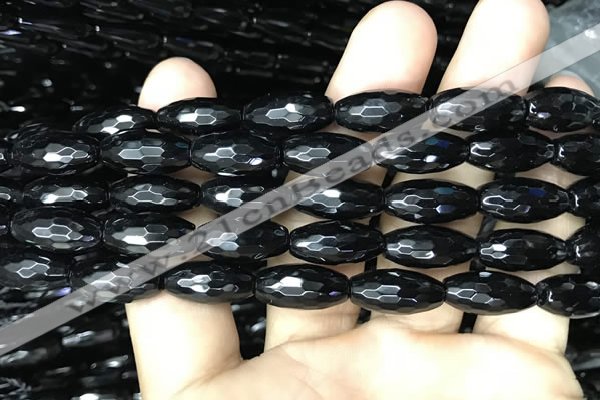 CAA2501 15.5 inches 8*16mm faceted rice black agate beads wholesale