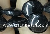 CAA2527 15.5 inches 12mm flat round black agate beads wholesale